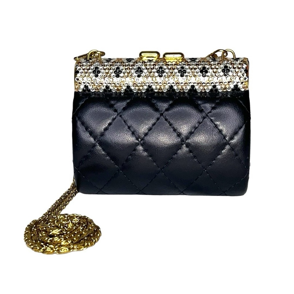 90s Beaded Rhinestone Clasp Quilted Black Leather Mini Bag Purse Chain Strap - Picture 7 of 16